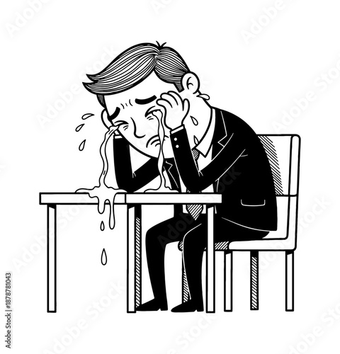 Sad man crying profusely at his desk with tears spilling onto the table feeling overwhelmed