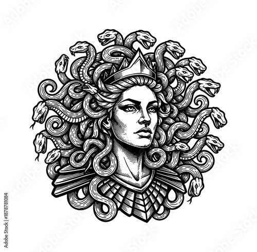 Mythological Medusa Woman with Snakes for Hair and Crown Fierce Intense Gaze Black and White Engraved Illustration