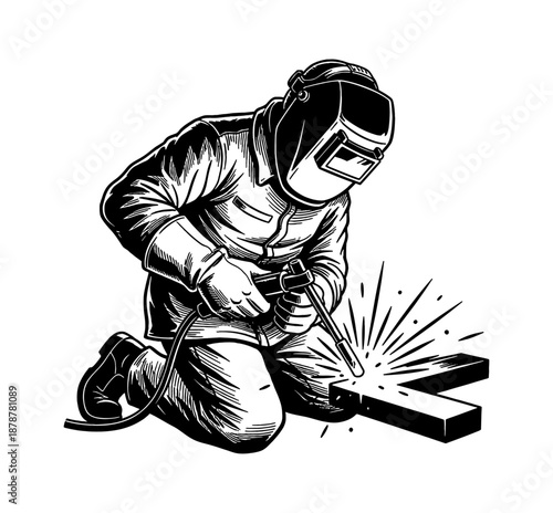 Welder Kneeling and Welding Metal with Sparks Flying in Black and White Outline Illustration