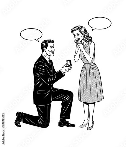 A Caucasian man proposing to a Caucasian woman with an engagement ring the woman looks surprised happy and delighted