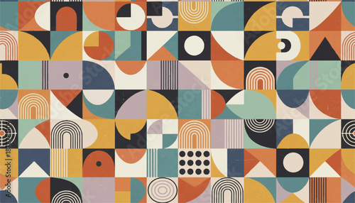  Boho colorful geometric wallpaper, warm and cool color balance, mid-century modern shapes, trendy Etsy home décor style, seamless repeat background