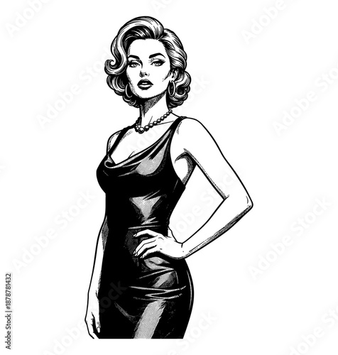 Glamorous Caucasian woman posing confidently in black dress pinup style illustration with pearls and hoop earrings