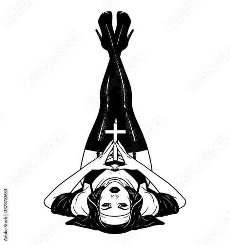 Seductive pinup nun woman lying down with legs raised wearing high heels holding a cross in provocative pose