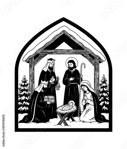 Traditional Nativity Scene Holy Family and Three Wise Men Adoring Baby Jesus in a Manger Black and White Engraving Style