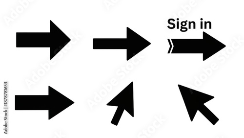 Collection of directional arrows pointing in various directions, one with sign in text, simple illustrations