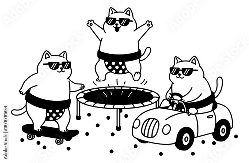 Three playful cats in sunglasses enjoying leisure activities jumping on trampoline skateboarding and driving a toy car