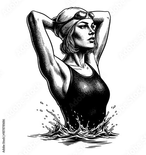 Strong determined woman swimmer in swim cap and goggles emerging from water with arms raised behind head
