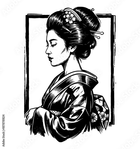 Elegant Japanese woman in kimono looking down with serene expression intricate traditional hairstyle