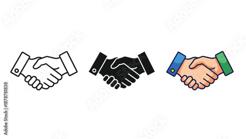 Collection of three distinct handshake icons illustrating agreement partnership and successful business collaboration across outline solid and colorful styles