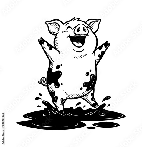 Happy cute pig jumping splashing in a mud puddle with a joyful expression and raised arms