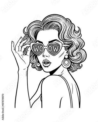 Stylish woman in heart sunglasses showing surprise looking over shoulder in pop art comic style with WOW text
