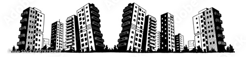Black and white vector illustration of modern city high-rise buildings and apartment blocks skyline graphic art style