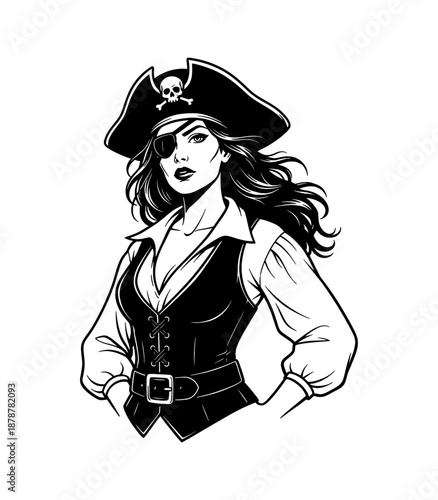 Strong Confident Female Pirate Character with Eyepatch and Skull Hat Posing with Alluring Expression