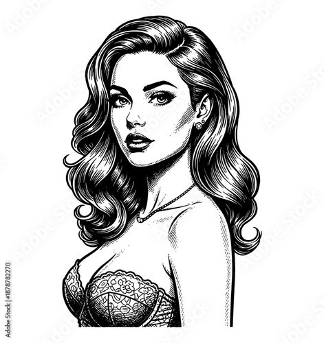 Alluring pinup woman posing confidently with long wavy hair wearing a lace bra and elegant necklace