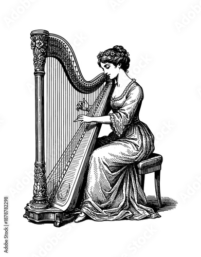 Elegant Caucasian Woman Plays Ornate Harp with Calm Focused Expression in Detailed Engraving Art