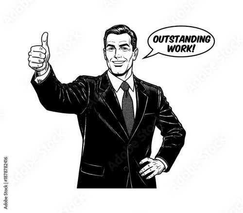 Caucasian man in suit smiling happily giving thumbs up with outstanding work speech bubble pop art illustration