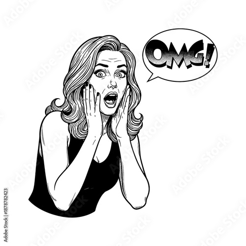 Shocked woman with open mouth and wide eyes screaming OMG in speech bubble line art illustration