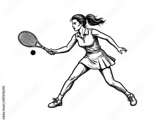 Young woman playing tennis focused determined hitting ball in an active pose black and white line art illustration