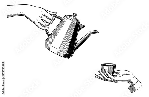 Hand pouring hot drink from a vintage kettle into a small cup held by another hand black white line art