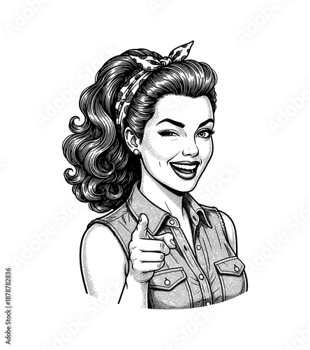 Confident smiling winking pinup woman pointing forward in a retro style black and white illustration