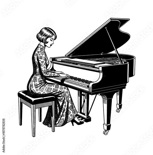 Elegant woman playing a grand piano with a focused expression in a detailed black and white vintage illustration