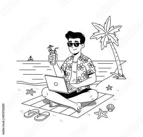 Smiling Young Man Working on Laptop at Beach with Drink Relaxing under Palm Tree Vector Illustration