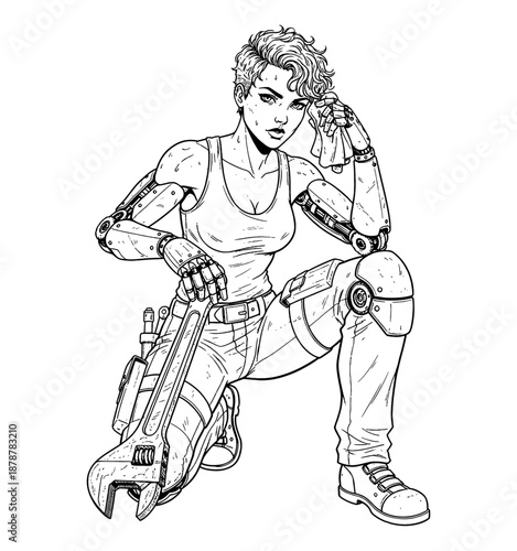 Strong cyborg woman mechanic kneeling holding a wrench and wiping her forehead with a cloth a focused expression
