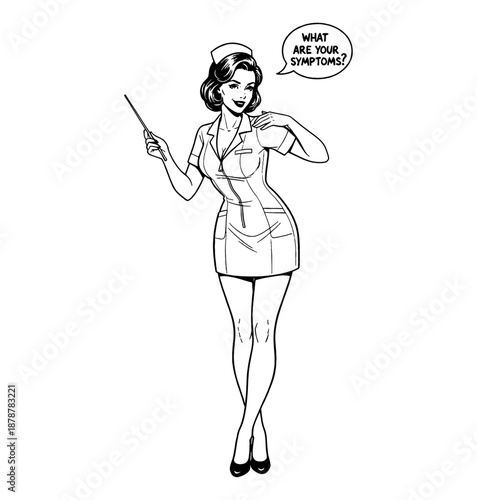 Caucasian Smiling Pinup Nurse Posing Confidently and Pointing in Classic Black and White Line Art