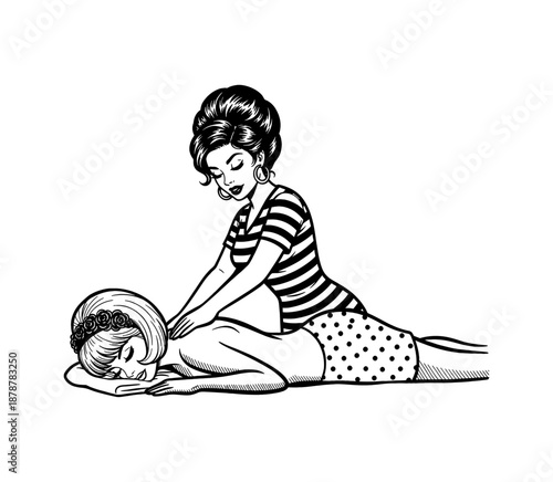 A retro woman gives a relaxing back massage to another woman calm and serene vintage black and white illustration
