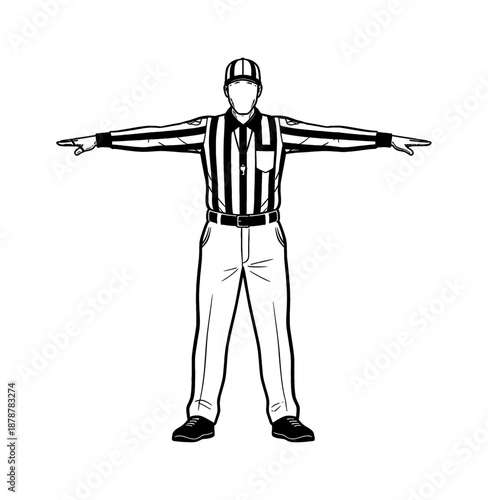 Referee Making a Signal with Arms Outstretched in a Clear Black and White Line Art Illustration