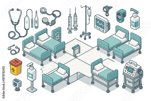 Isometric hospital ward interior with patient beds, medical monitoring devices, and supplies