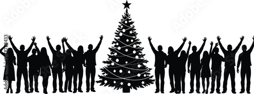 Silhouette of a decorated Christmas tree with a group of happy people cheering and raising hands, holiday celebration isolated on white background vector