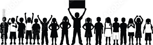 Large group of diverse children silhouettes standing in a row, happy boys and girls cheering and one child holding a blank protest sign,