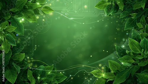 Lush Green Leaves Frame with Subtle Technology Elements and Glow