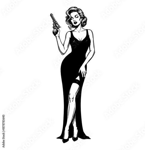 Seductive pinup woman in black dress holding a gun with confident expression classic black and white vector art