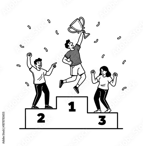 Man holding trophy on winner podium with two friends celebrating success joyfully as confetti falls