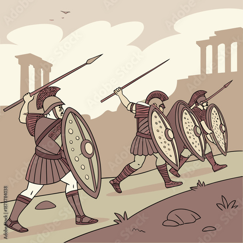 Ancient greek infantrymen marching in formation with shields and spears