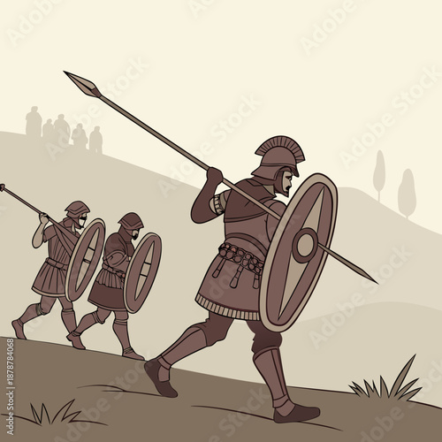 Ancient roman infantry unit marching with spears and shields