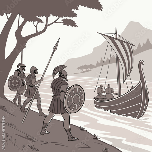 Ancient warriors approaching Viking ship on riverbank