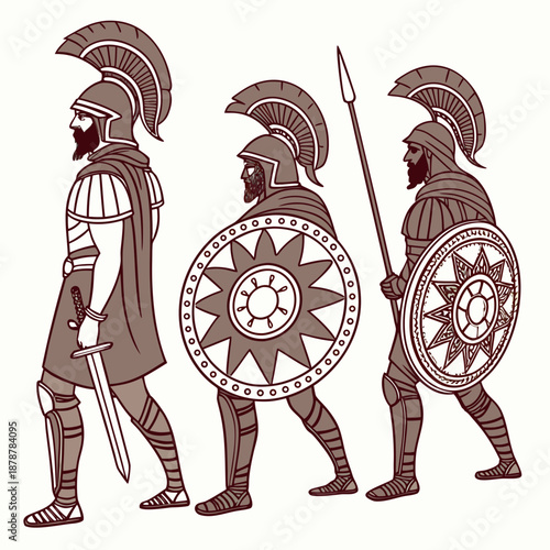Ancient warriors wearing headgear and carrying shields and spears