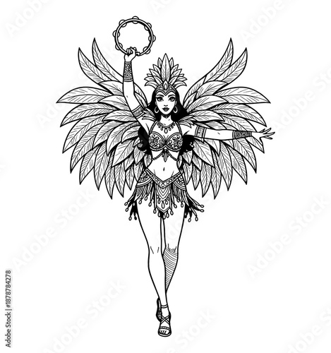 Joyful Brazilian woman carnival dancer posing with tambourine wearing elaborate feather costume illustration