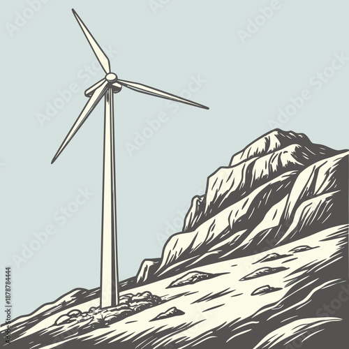 Wind turbine on a rocky hillside with gray sky mountain