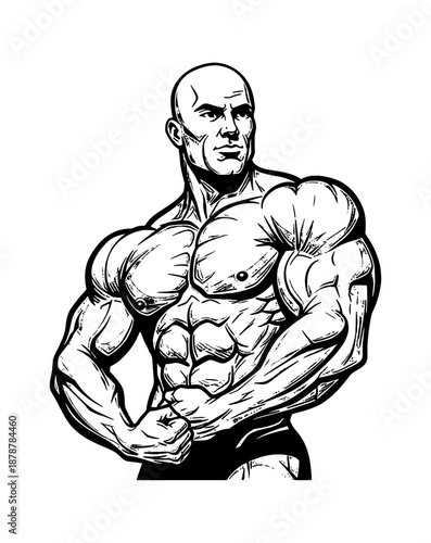 Muscular Caucasian man bodybuilder flexing his powerful biceps and chest with a determined serious expression