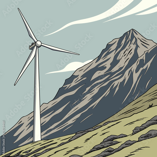 Wind turbine on mountainous terrain with green grass and rocks