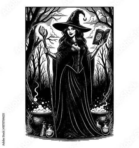 Seductive Witch Woman Casting Spell Holding Staff and Book in Dark Spooky Forest with Bubbling Cauldrons
