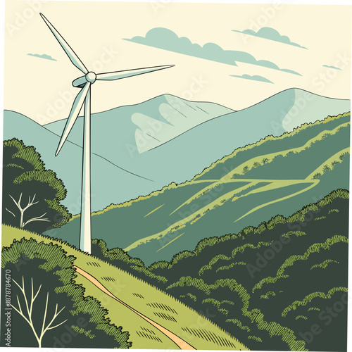 Wind turbine on a hillside with trees and mountains