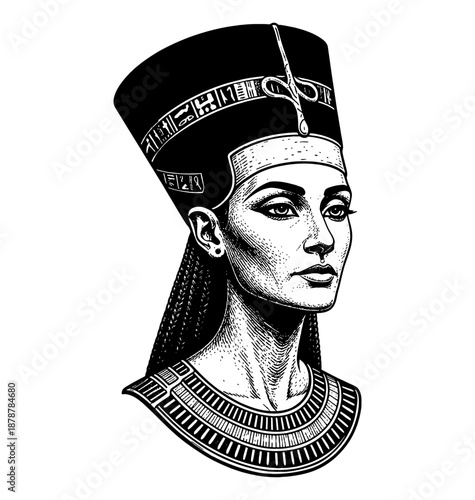 Egyptian Queen Nefertiti portrait with serene expression wearing a detailed crown and collar vintage engrave