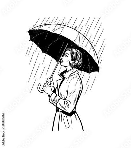 Caucasian Woman Holding Umbrella Looking Upwards in Rain Wearing Coat Vintage Black White Illustration Art