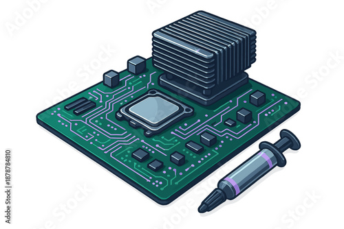 Isometric view of computer motherboard assembly with heatsink and thermal paste syringe
