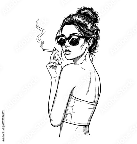 Confident stylish woman with messy bun wearing sunglasses smoking a cigarette looking back a pinup illustration